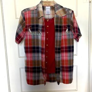 Bobbie Brooks 2 Layer Button Down Plaid Short Sleeve Shirt w/Lions Embroidery